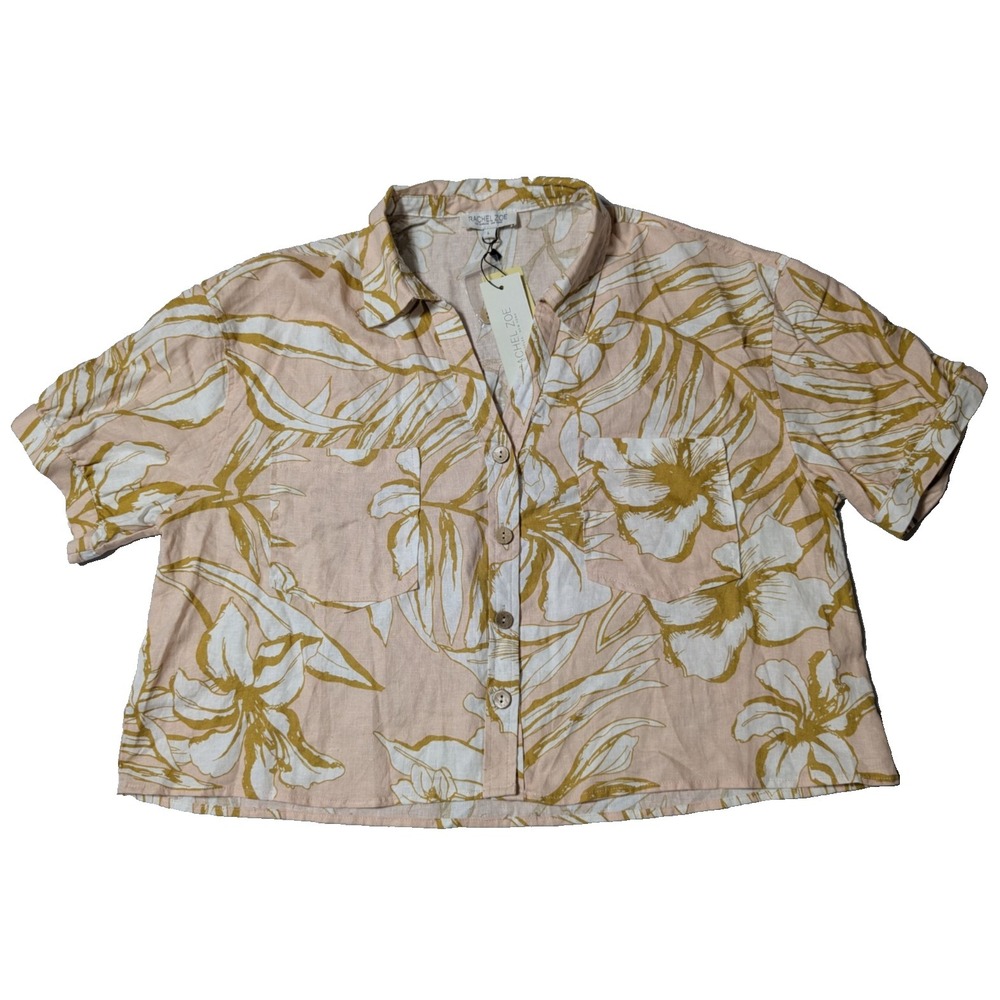 RACHEL & ZOE Women Large Beige Floral Fabric‎ Washed Linen Blend Cropped Top NEW